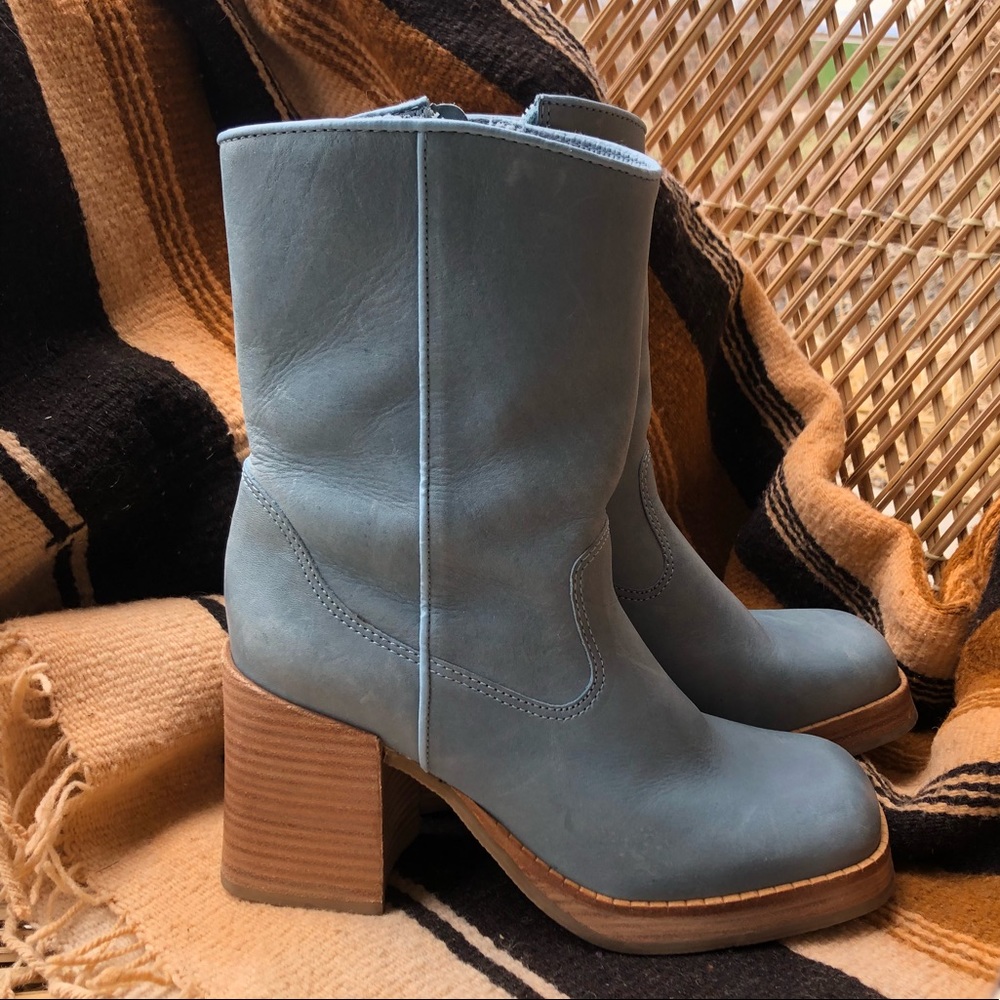 Mid calf vintage leather heeled platform boot